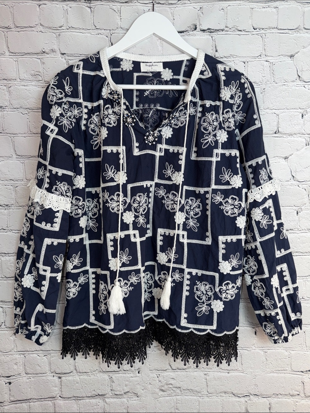 SAPPHIRE Navy Embroidered Peasant Tunic Jeweled Tassel Boho Top S